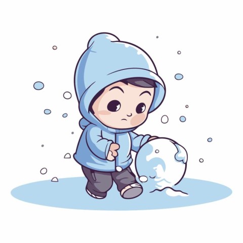 Cute little boy in winter clothes playing with snow.