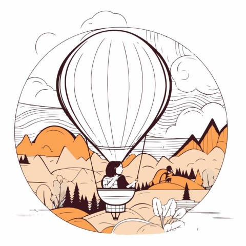 Hand drawn vector illustration of a hot air balloon flying over