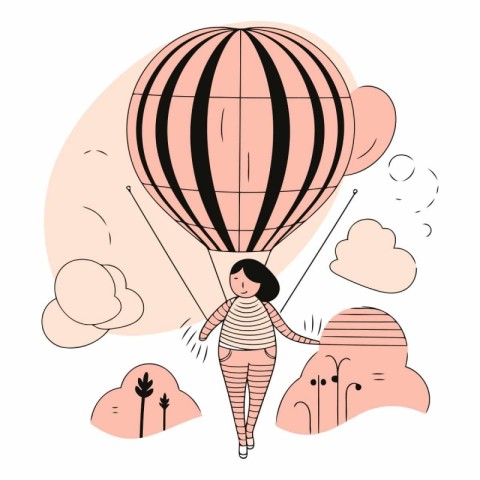 Woman flying in hot air balloon in cartoon style.