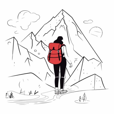 Hiking woman with a backpack on the background of mountains