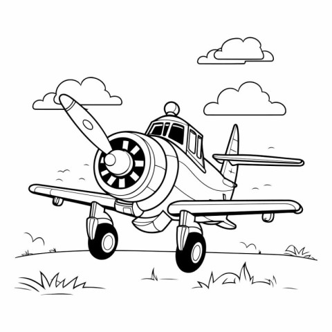 Vector illustration of cartoon airplane on the grass. Coloring b