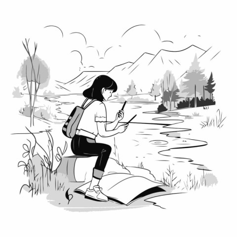 Girl reading a book on the bank of a mountain river. sketch for