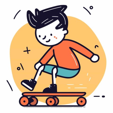 Cute little boy riding skateboard. Flat line vector illustration