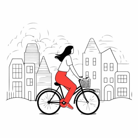 Young woman riding a bicycle in the city in thin line style.