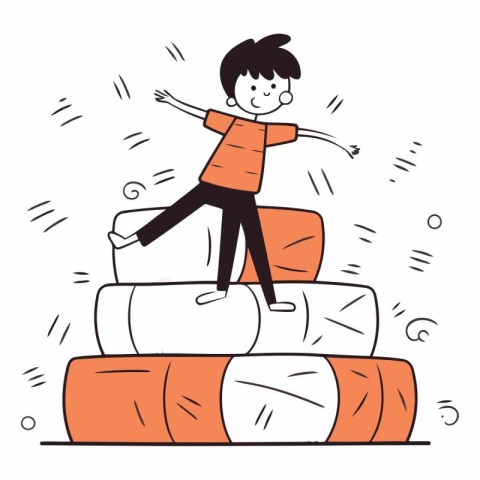 Little boy jumping on stack of books. Flat style vector illustra