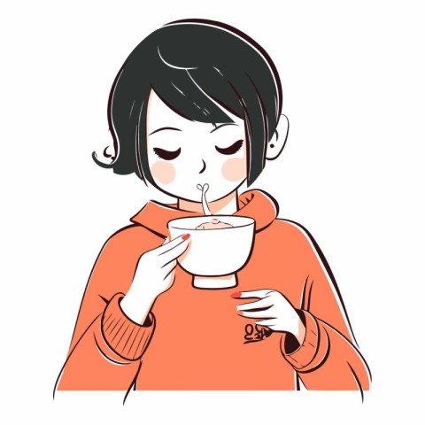 A woman in a red sweater holding a cup of hot soup.