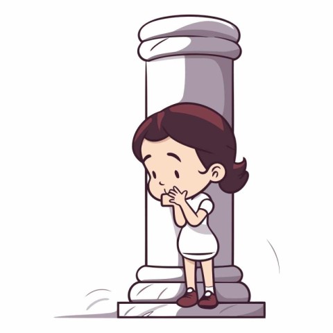 Illustration of a Little Girl Crying in Front of a Column