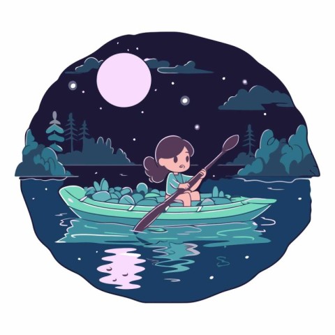 Cute little girl kayaking in the lake at night.