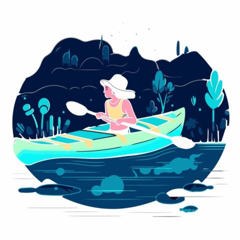 Kayaking in the river in flat cartoon style.