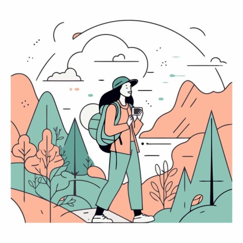 Vector illustration of a girl with a backpack on the background