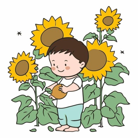 Cute little boy playing with sunflowers.