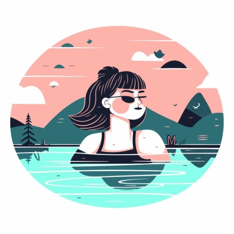 Girl in sunglasses on the lake in a flat style.