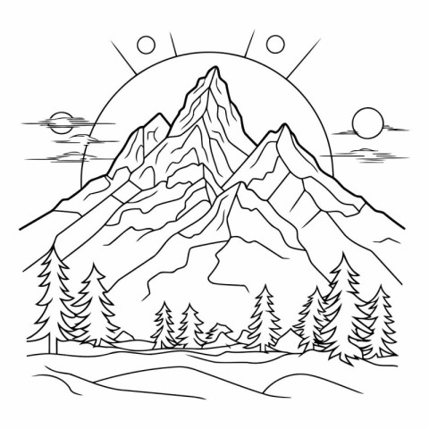 Mountain landscape. Hand drawn vector illustration in black and