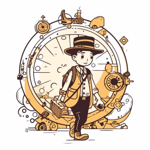 Vector illustration of a boy in a hat on the background of the c