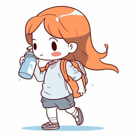 Illustration of a Cute Little Girl with a Backpack and a Bottle