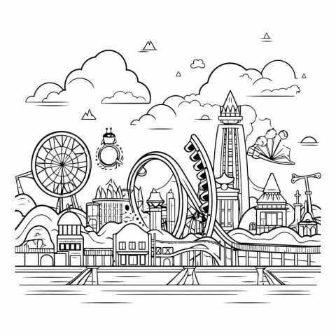 Amusement park and ferris wheel. Hand drawn vector illustration.