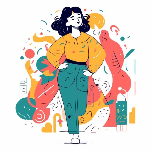 Vector illustration of a girl in a yellow coat and blue jeans.