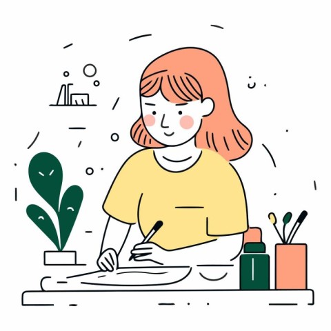 Vector illustration of a girl drawing in a sketchbook on a white