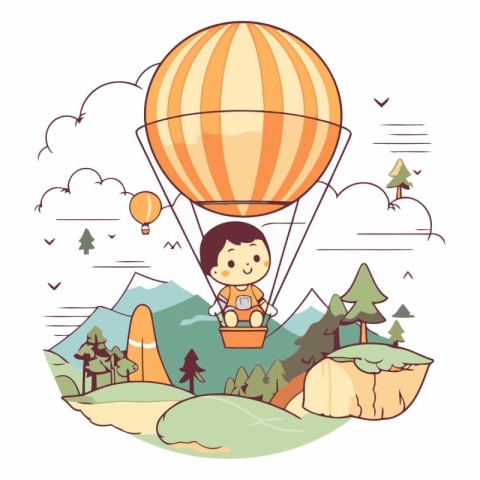 Cute little boy flying on hot air balloon in the mountains.