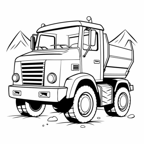 Dump truck. Black and white vector illustration for coloring boo