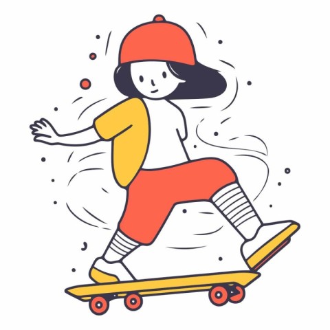 Vector illustration of a girl riding a skateboard on a white bac