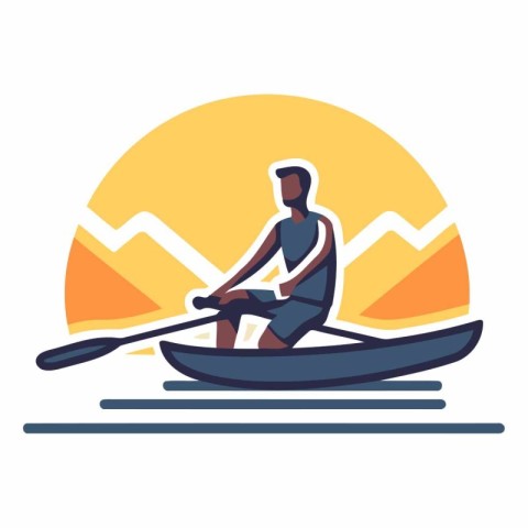 Man rowing on a boat in the sea. Flat vector illustration.