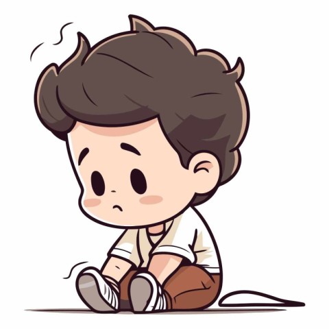 Sad boy sitting on the floor in cartoon style.