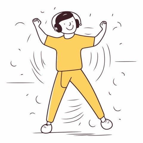 Vector illustration of a happy boy dancing and listening to musi