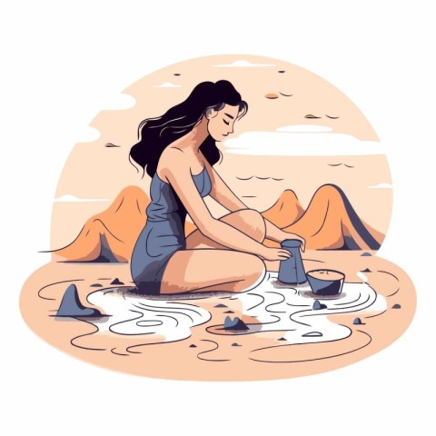 Young woman pouring water from a watering can into a puddle.