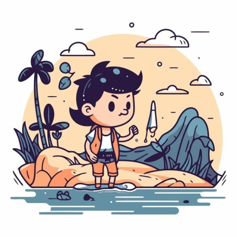 Cute little boy on the beach in cartoon style