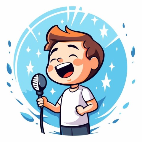 Cartoon boy singing karaoke with microphone.