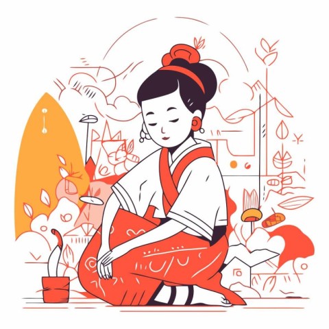 Korean woman in traditional clothes sitting on the red bag.