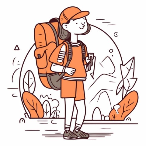 Vector illustration of hiker girl with backpack and cup of coffe