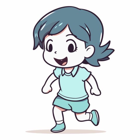 Happy little girl running and smiling in cartoon style.