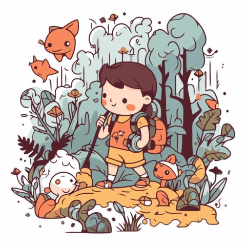 Vector illustration of a little boy with a backpack and a fish i