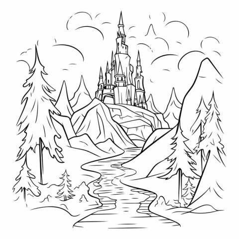 Magic castle in the forest. Hand drawn vector illustration for c