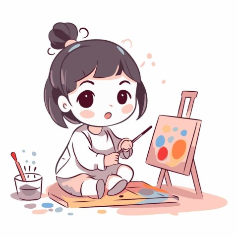 Illustration of a Cute Little Girl Painting in the Art Center