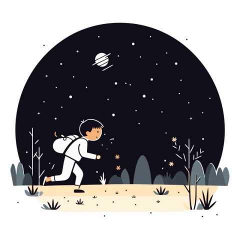 Vector illustration of a little boy playing astronaut in the moo