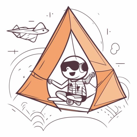 Vector illustration of a boy sitting in a tent and playing with