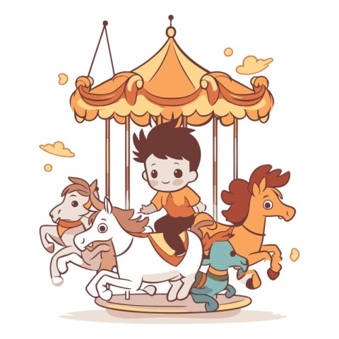 Vector illustration of a boy riding on a merry-go-round