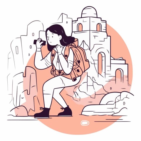 Vector illustration of a girl with a backpack on the background