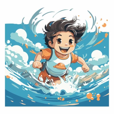 Boy surfing in the sea. Vector cartoon illustration isolated on