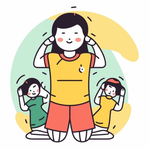 Mother and children suffering from headache in cartoon style.