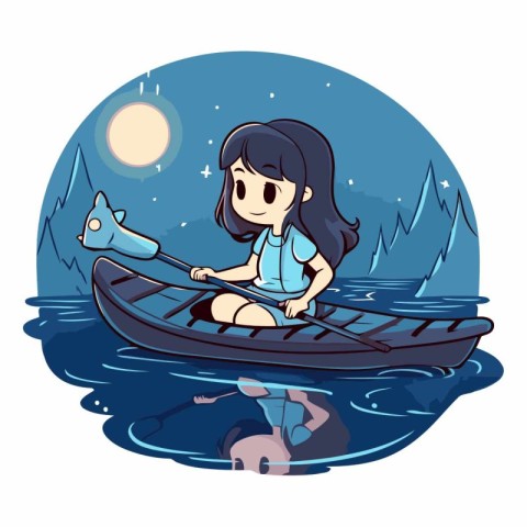 Girl in a canoe on the lake at night.