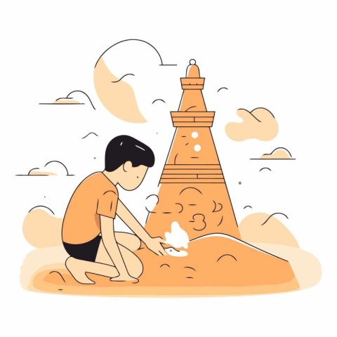 Vector illustration of a boy building a lighthouse in the middle