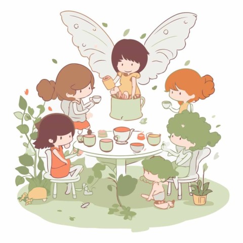 Little angels and children at the table. Cute vector illustratio