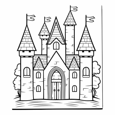 Cartoon castle. Black and white illustration for coloring book o