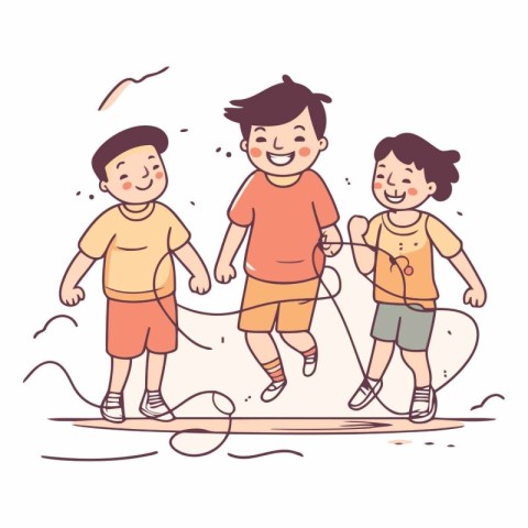 Children playing in the beach in doodle style.