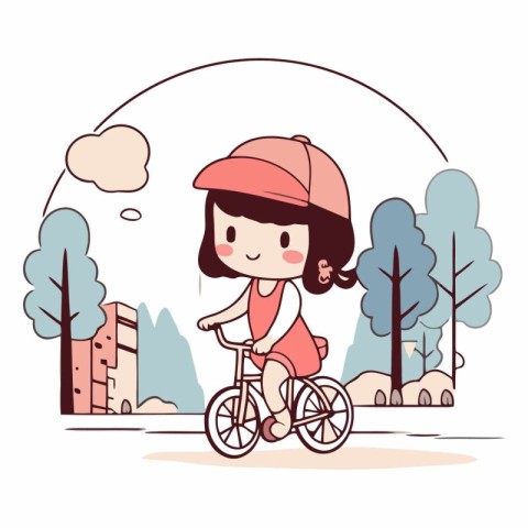 Girl riding a bicycle in the park. Cute cartoon vector illustrat