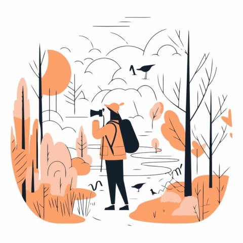 Photographer taking picture of autumn landscape in flat style